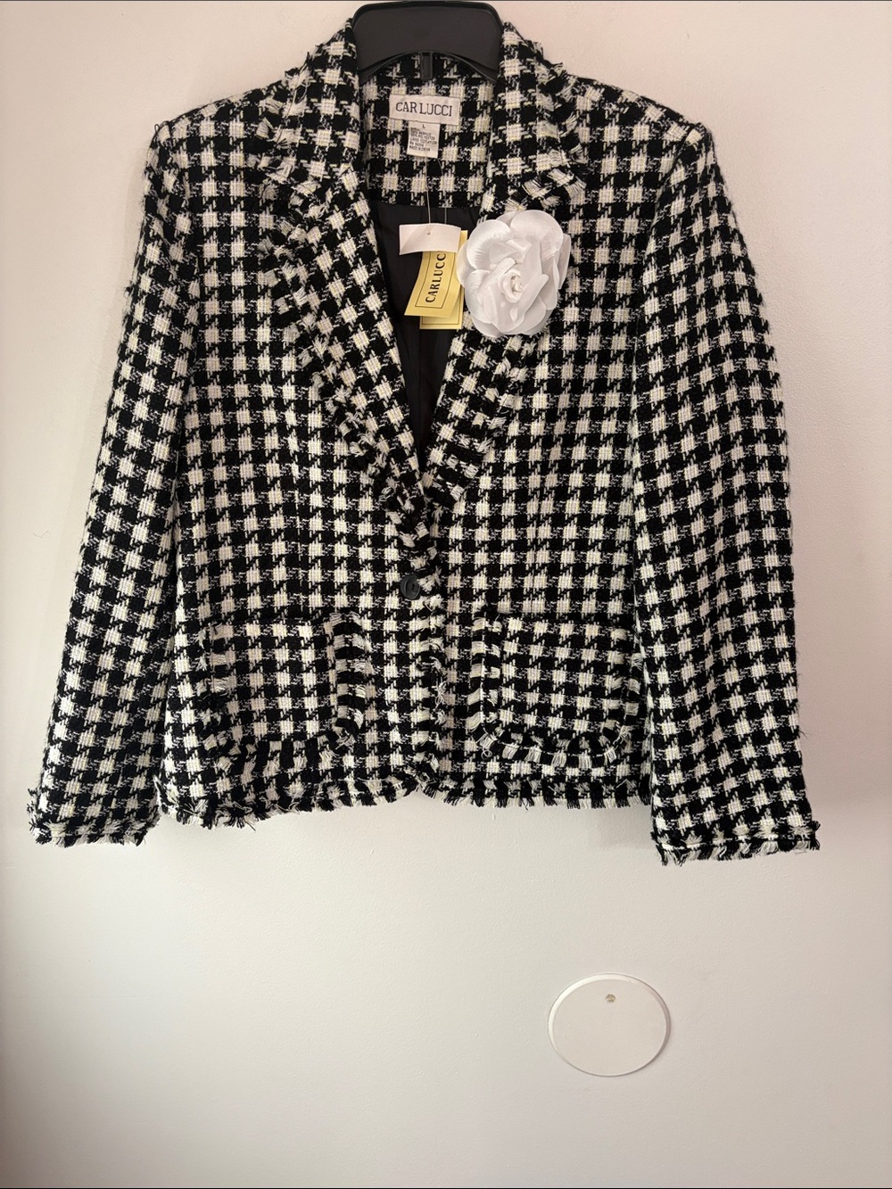 NWT Carlucci BLACK WHITE HOUNDSTOOTH FRINGE BLAZER JACKET LARGE ( Pin removable)